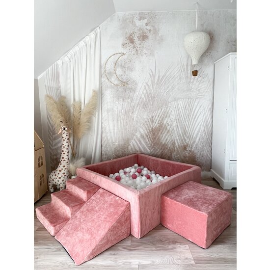 Moje Moje | Weicher Samt 3 Elemente + Bällebad - Himbeerrosa 106 x 106 x 40 cm + 400 Bälle