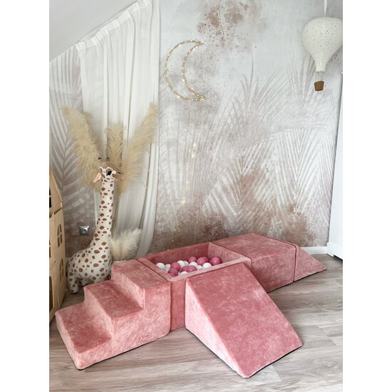 Moje Moje | Weicher Samt 4 Elemente + Bällebad - Himbeerrosa 65 x 35 x 30 cm + 100 Bälle