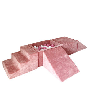 Moje | Weicher Samt 4 Elemente + Bällebad - Himbeerrosa 65 x 35 x 30 cm + 100 Bälle