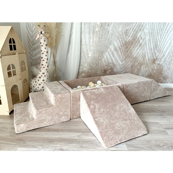 Moje Moje | Weicher Samt 4 Elemente + Bällebad - Dunkles Beige 65 x 35 x 30 cm + 100 Bälle