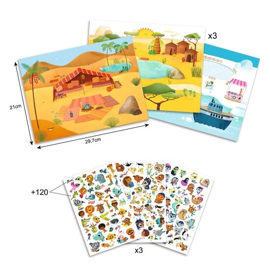 Djeco Djeco | 90 autocollants transférables et 3 grands décors : savane, désert et pôle Nord
