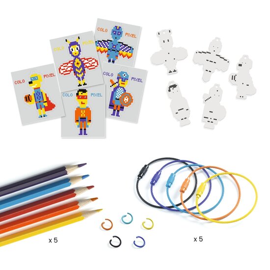 Djeco Djeco | Do It Yourself 5 Schrumpffolien-Schlüsselanhänger zum Basteln Pixelkunsthelden