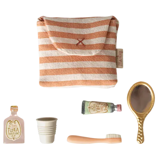Maileg Maileg | Zahnbürstenset in Tasche – Maus, korallenrot gestreift
