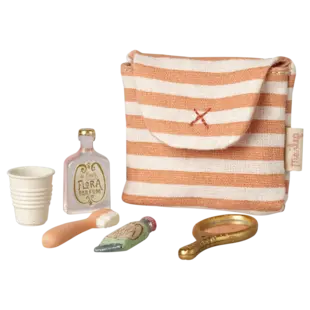 Maileg | Zahnbürstenset in Tasche – Maus, korallenrot gestreift