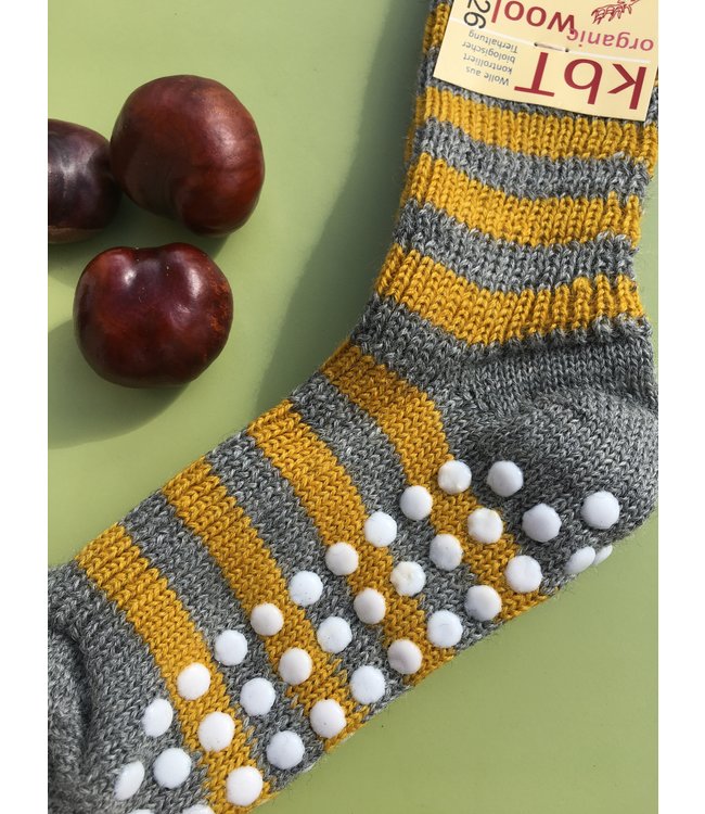 Hirsch Natur Ringelsocke - anthrazit/gelb mit Stopper - Wolle