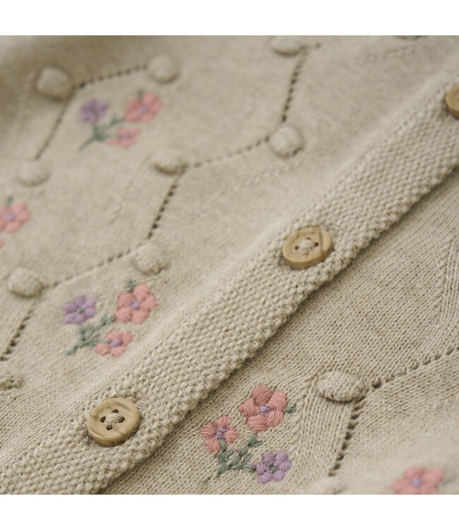 Minymo Strickjacke bestickt mit Blumen Biobaumwolle beige melange
