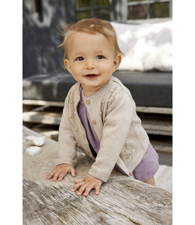 Minymo Strickjacke bestickt mit Blumen Biobaumwolle beige melange