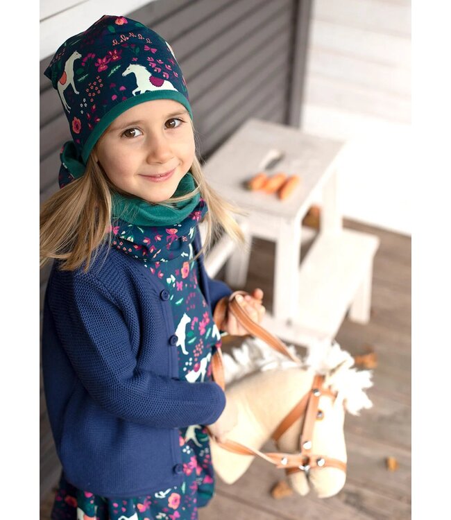 Enfant Terrible Wende Mütze Pferdedruck Biobaumwolle dark cobalt-smaragd