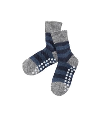 Hirsch Natur Stoppersocke geringelt aus Wolle - grau-jeans-marine