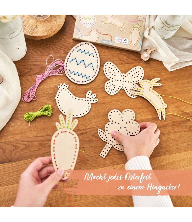 Papierdrachen Fädelset aus Holz zu Ostern