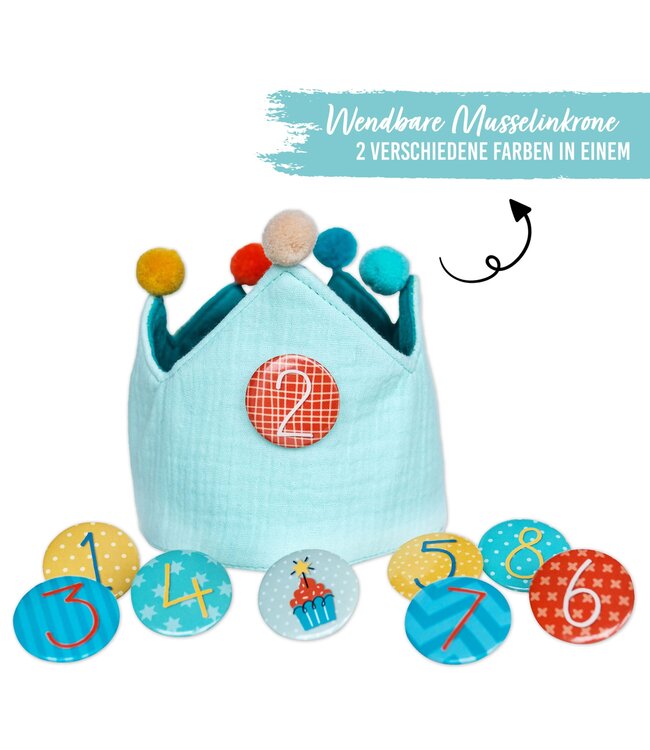 Papierdrachen Geburtstagskrone mit Zahlen aus Musselin - türkis