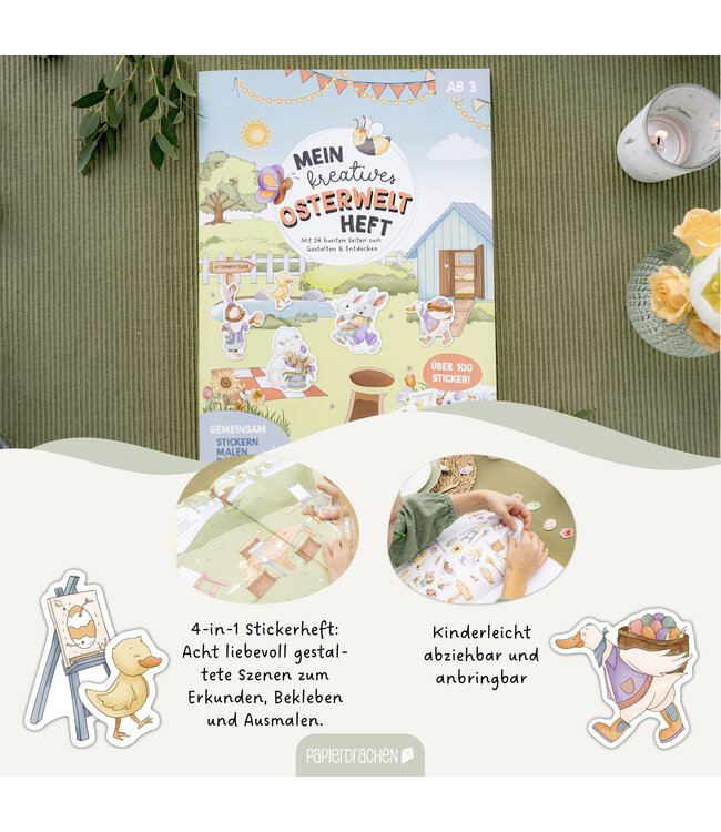 Papierdrachen Mein kreatives Osterwelt Heft – Malen, Rätseln, Stickern