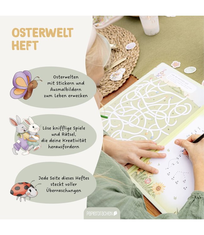 Papierdrachen Mein kreatives Osterwelt Heft – Malen, Rätseln, Stickern