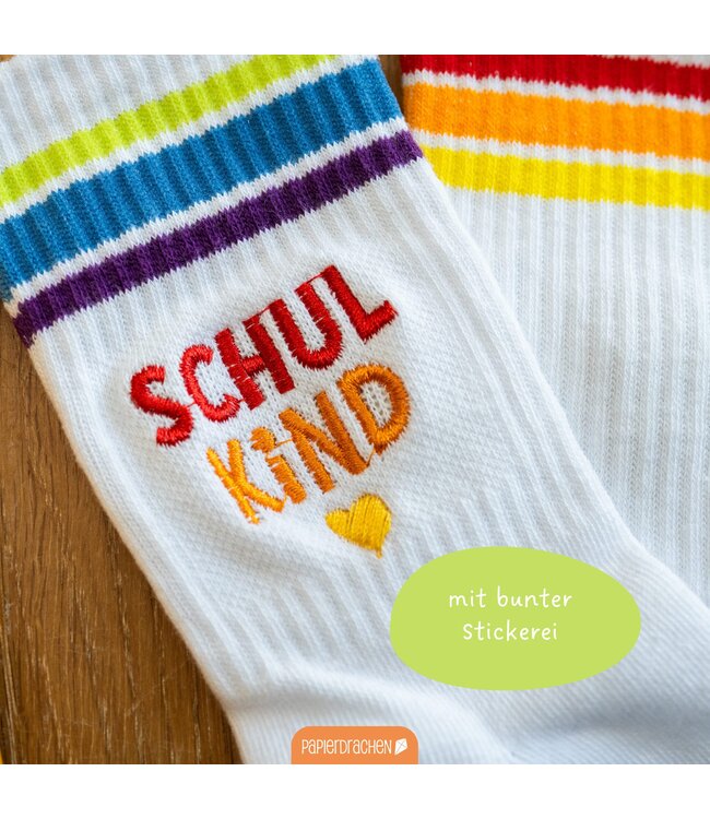 Papierdrachen Socken zur Einschulung – bunt – Endlich bin ich ein Schulkind