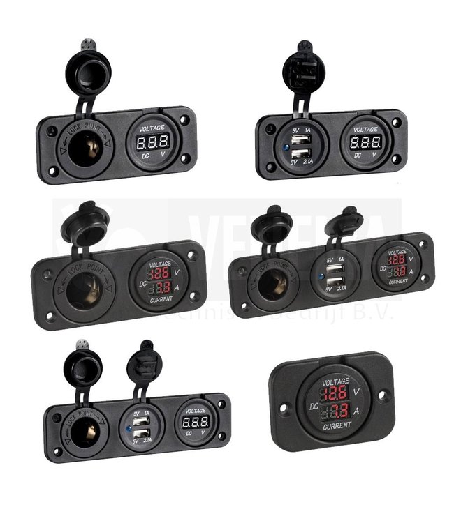Digitale volt-/ampèremeter + DC-/USB-plug voor inbouwmontage