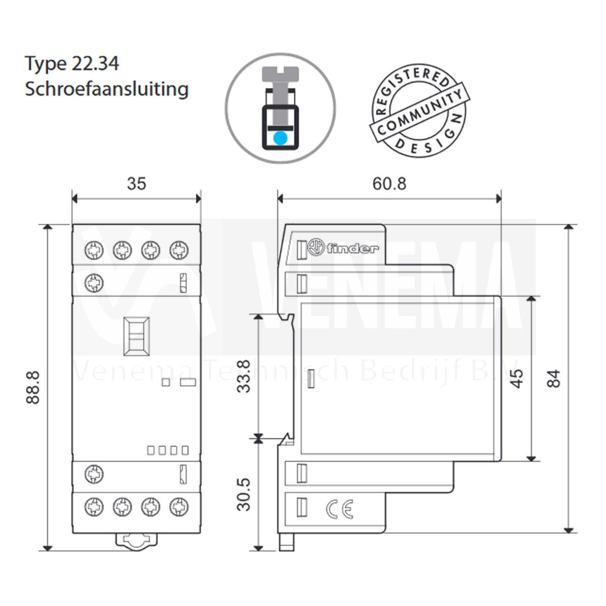 Finder 25A Magneetschakelaar AgNi - 4 maakcontacten, foto 5 van 6