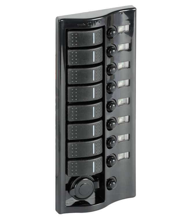 Marina Schakelpaneel met 8 schakelaars & 12V stopcontact