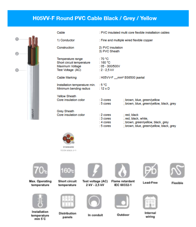 Ronde PVC kabel H05VV-F GEEL 3 x 1,5 mm²