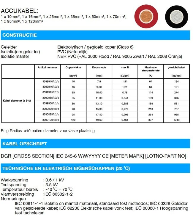 Accukabel dubbel geïsoleerd oranje 16mm2