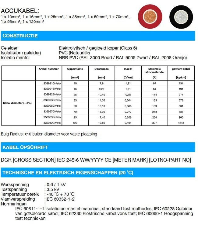 Accukabel dubbel geïsoleerd oranje 70mm2