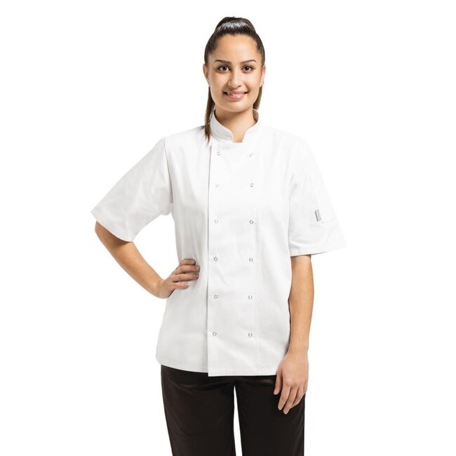 Basic koksbuis korte mouw met drukknop unisex wit