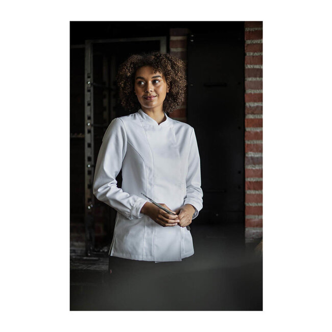 Premium koksbuis dames in slank model met drukknopen lange mouw wit