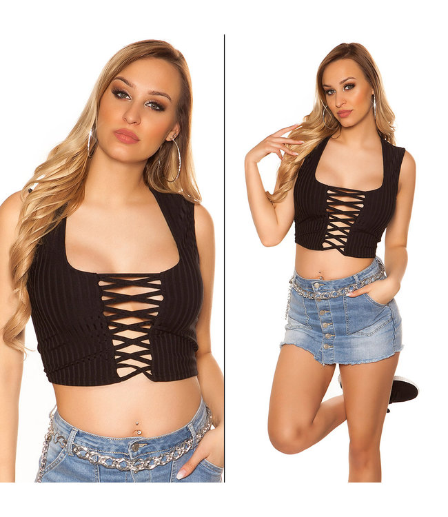 Sexy zwarte crop top met veter mega decolleté - KISHI Party & Playstore