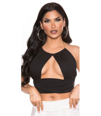 Crop top met sexy decolleté en ketting sluiting zwart