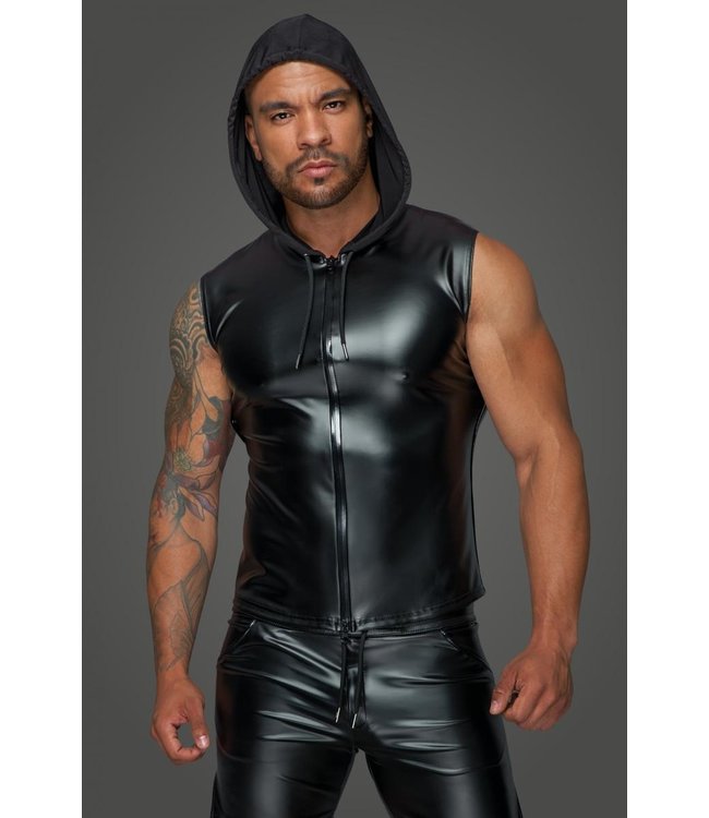 Noir Handmade Men Wetlook shirt zwart met capuchon mouwloos