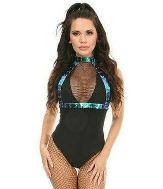 Daisy Corsets Festival top met fishnet  en studs in blauw/turquoise holo