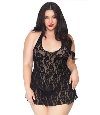 Plus size zwarte kanten halter jurk