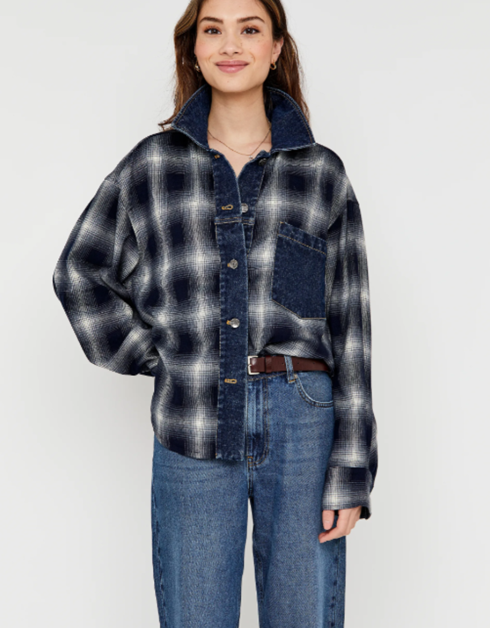Anna Blue Blouse Jacketti Flannel Ruit Jeanszak Denim Check