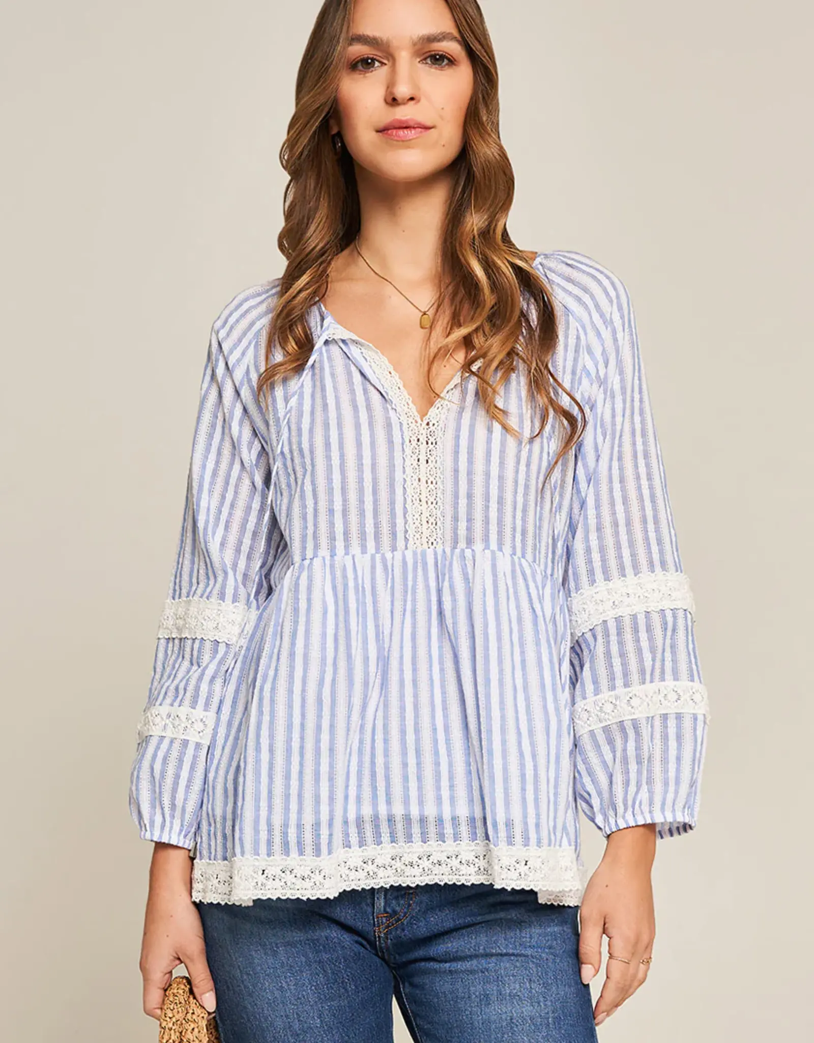 FrogBox Blouse Tuniek Kant  Stripe White  Sky BLue