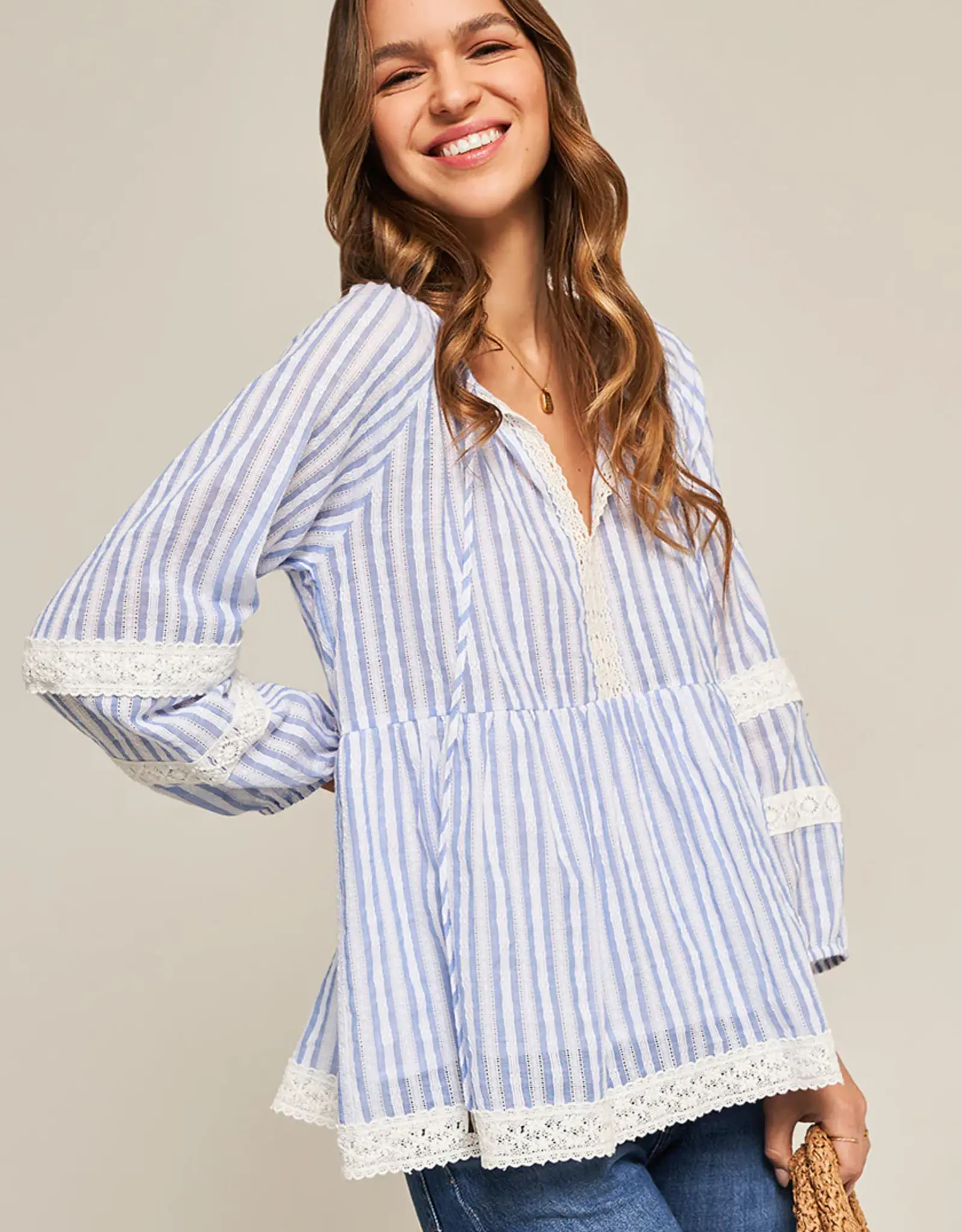 FrogBox Blouse Tuniek Kant  Stripe White  Sky BLue
