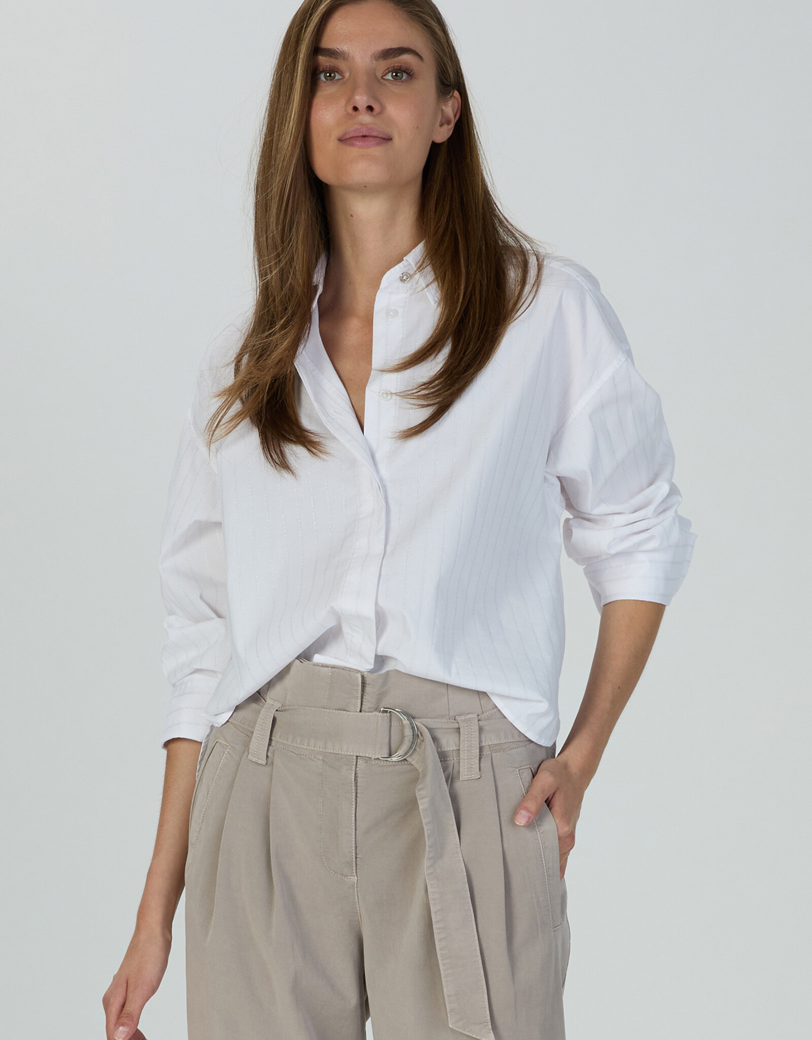Marc Aurel Thema Taupe Silver White Blouse Wit Streep Zilver