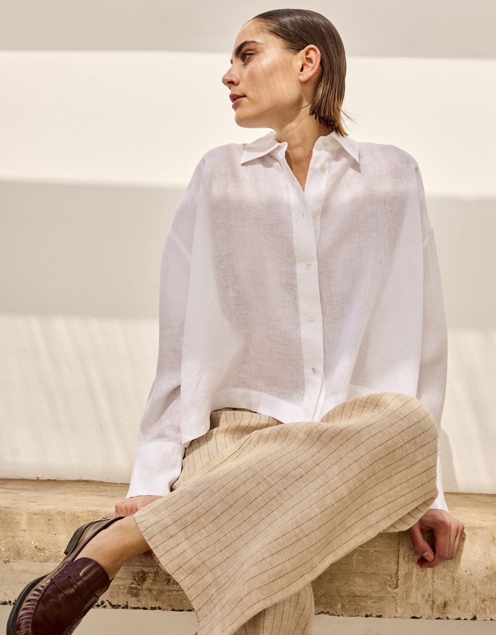 JcSophie Pantalon Garland Wijd met Krijtstreep  Sand
