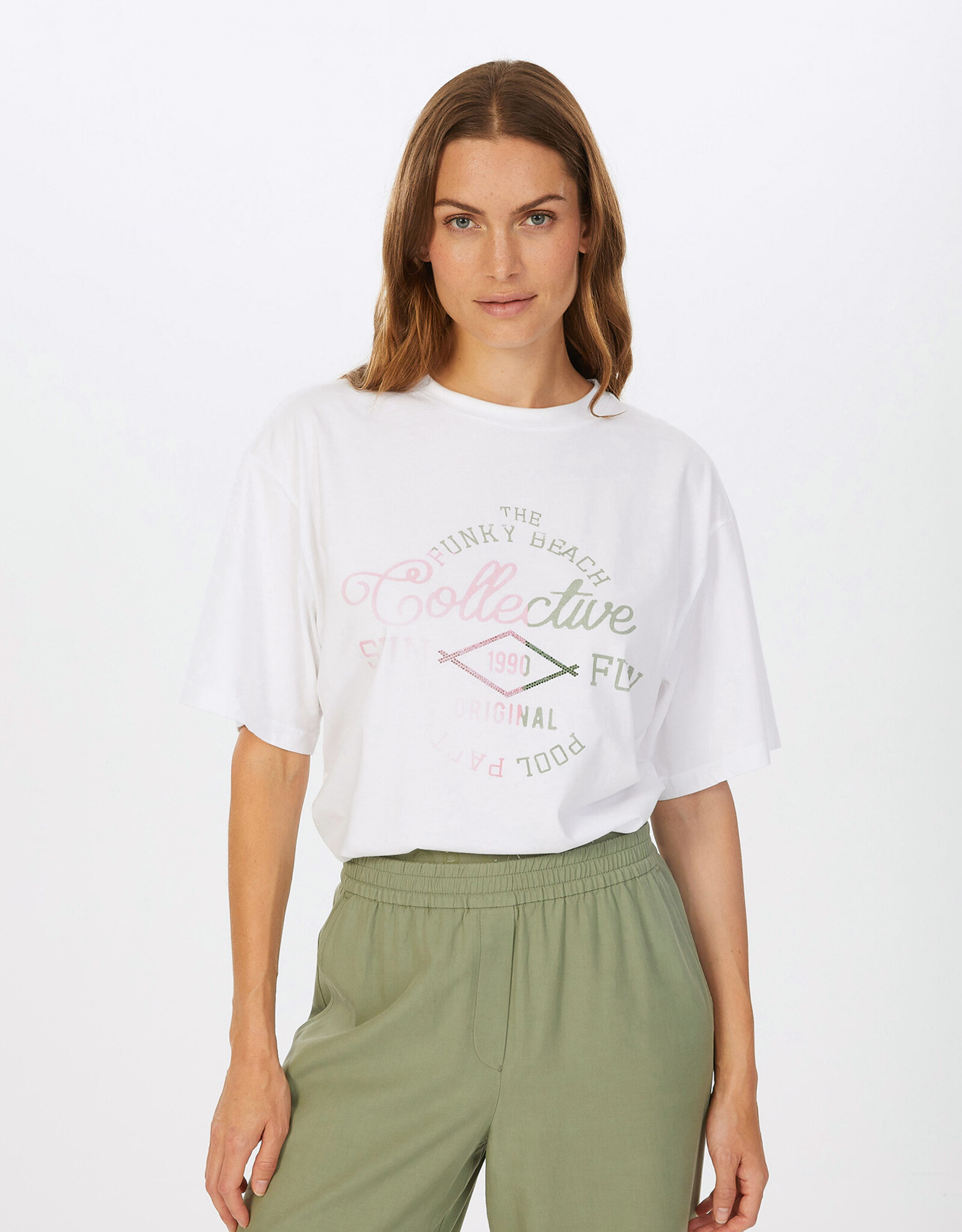 Marc Aurel Thema Khaki Blush White T-Shirt Oversized Print Roze Khaki
