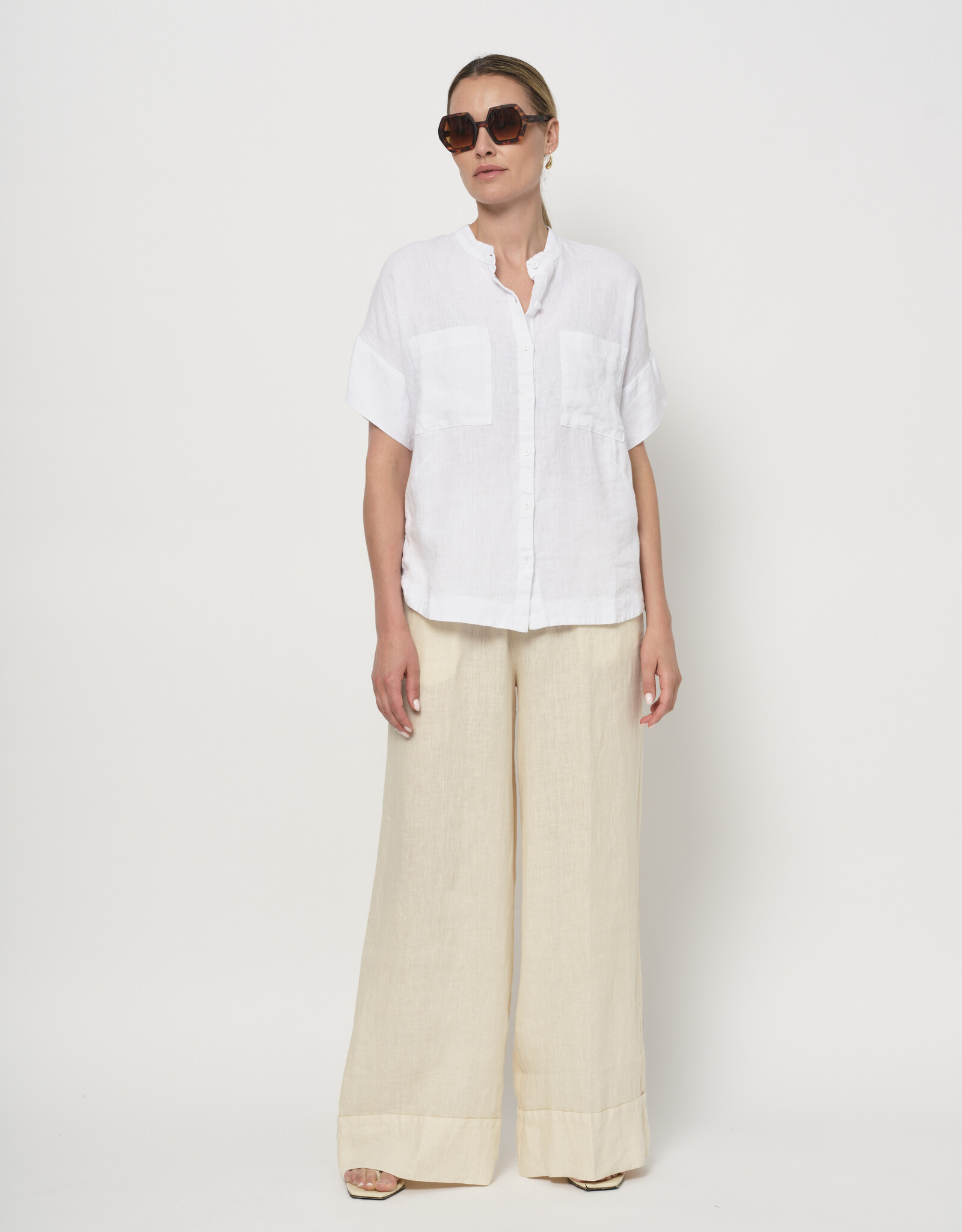 LaSalle Blouse  Mandarin Wit Korte Mouw