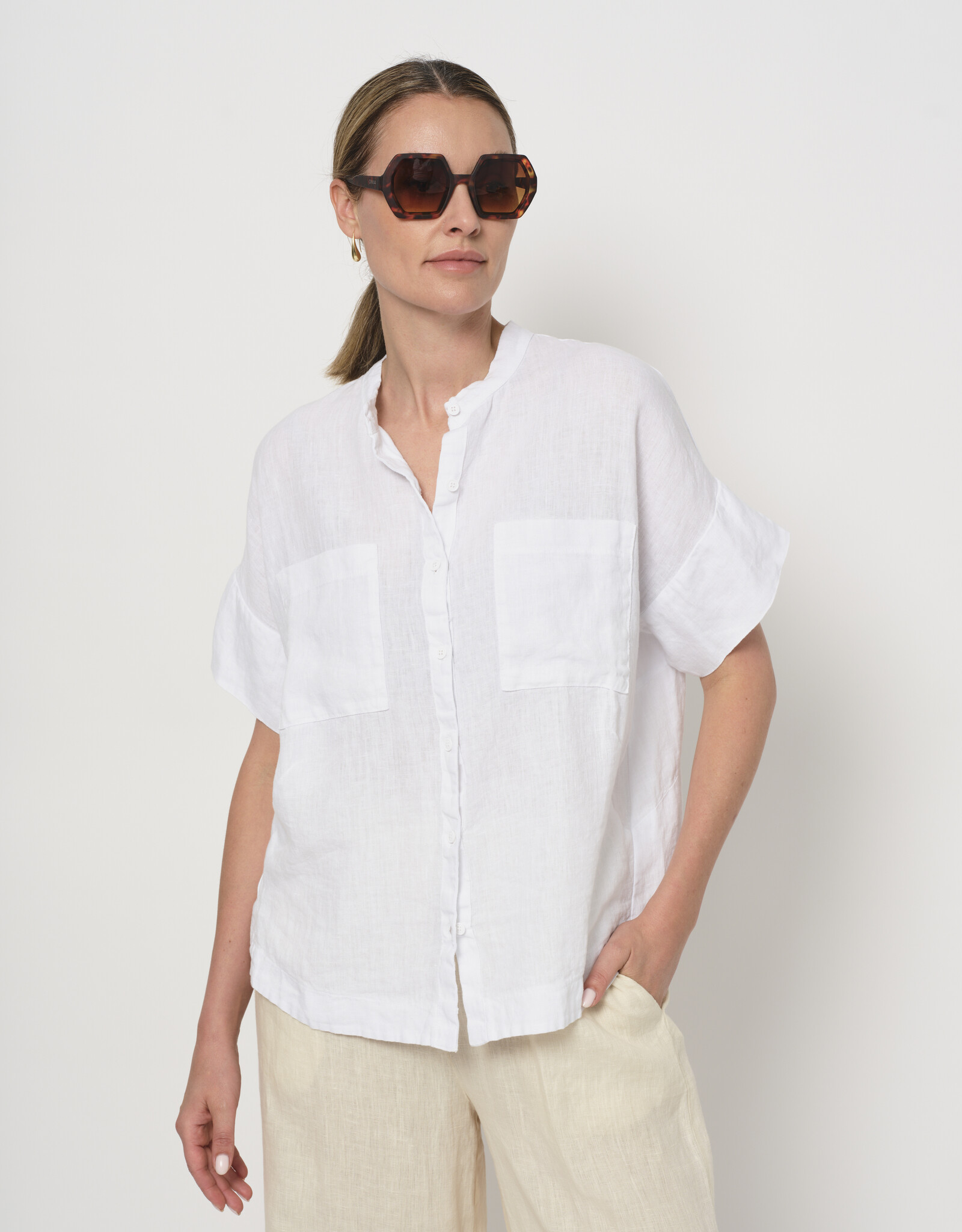 LaSalle Blouse  Mandarin Wit Korte Mouw