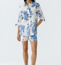 Oui Blouse LM Print Bloem Blauw Wit
