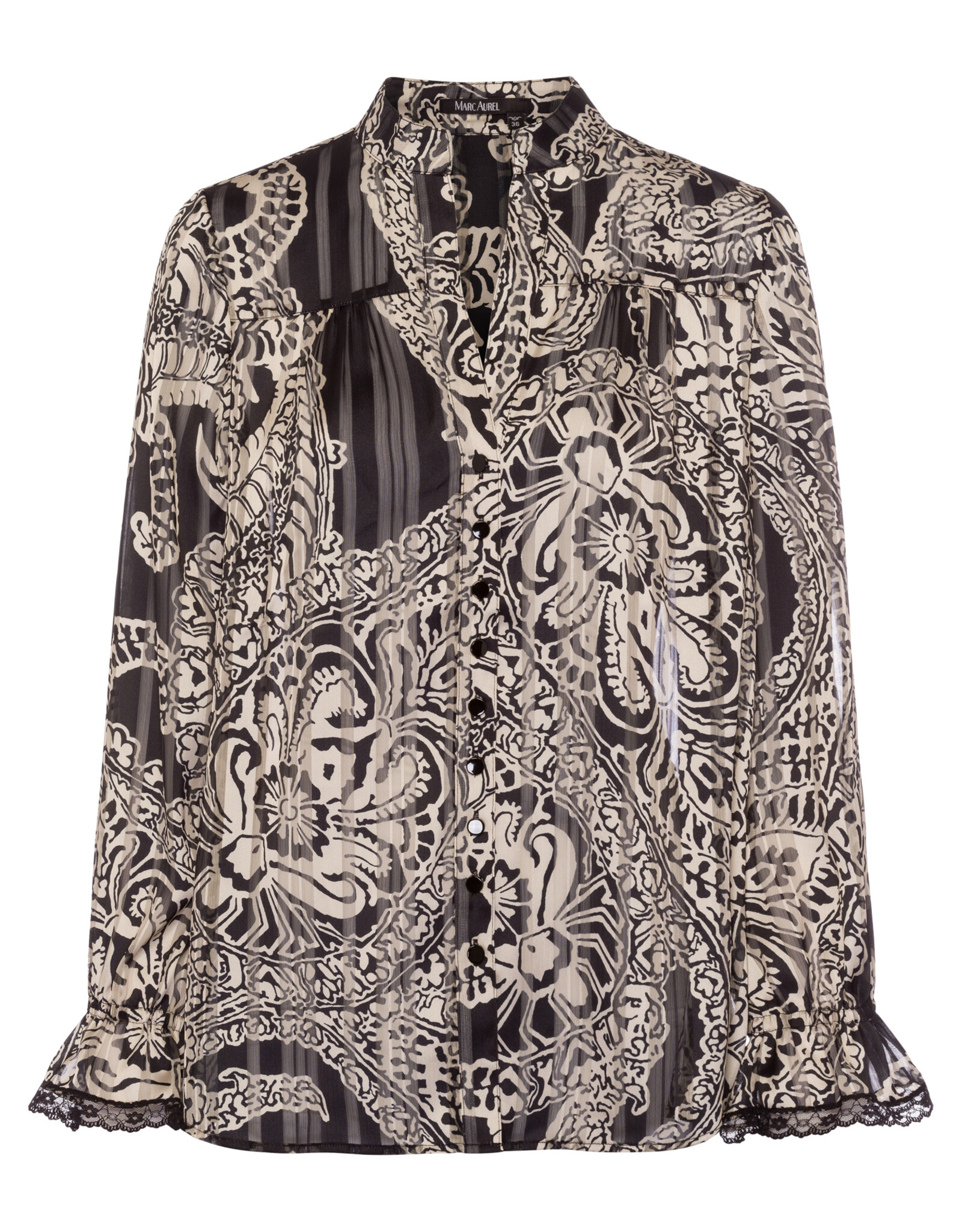 Marc Aurel Blouse Print Zand Zwart Trompet Mouw Met Kant