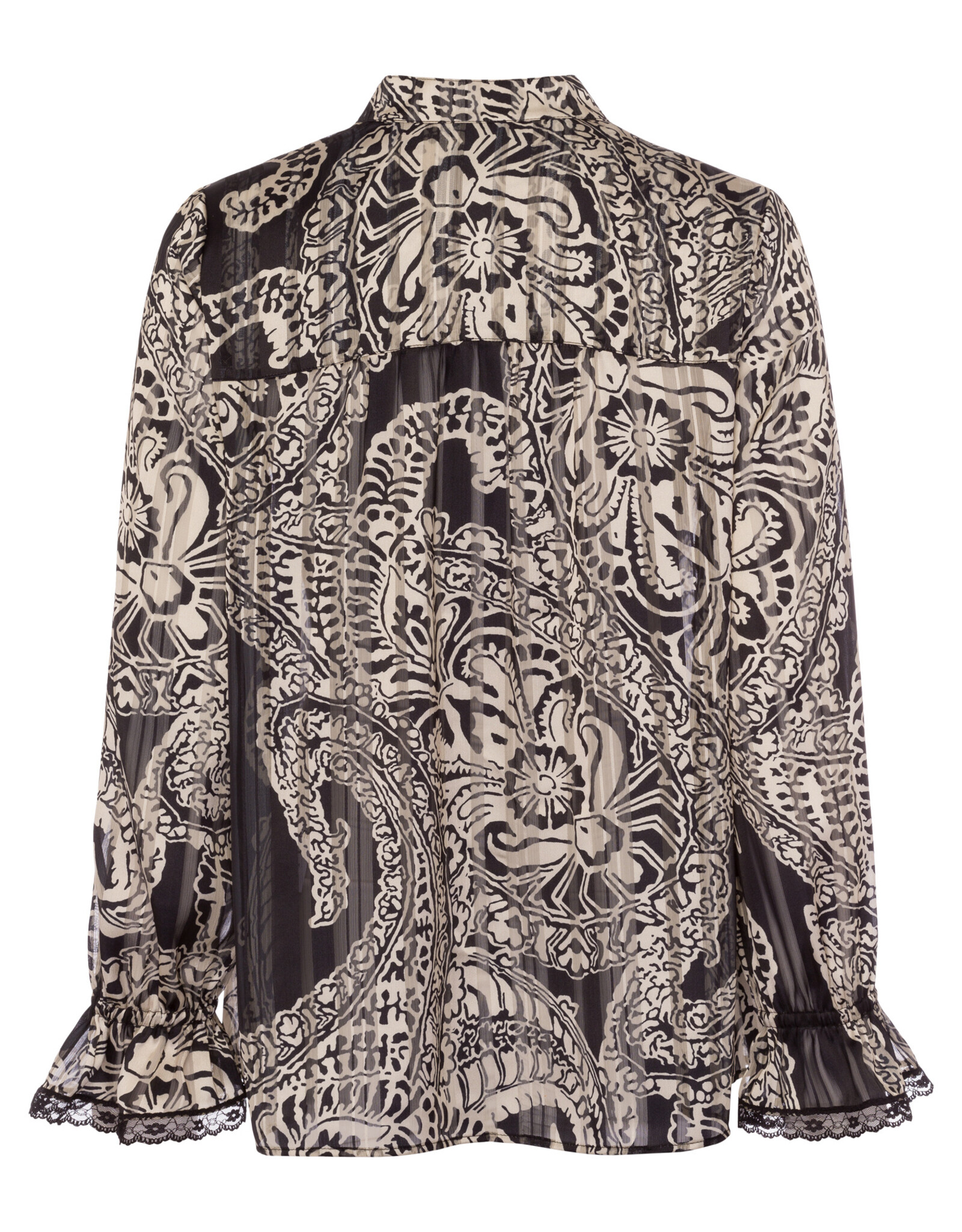 Marc Aurel Blouse Print Zand Zwart Trompet Mouw Met Kant