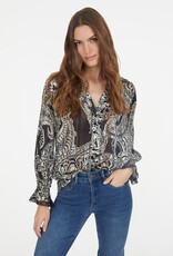 Marc Aurel Blouse Print Zand Zwart Trompet Mouw Met Kant