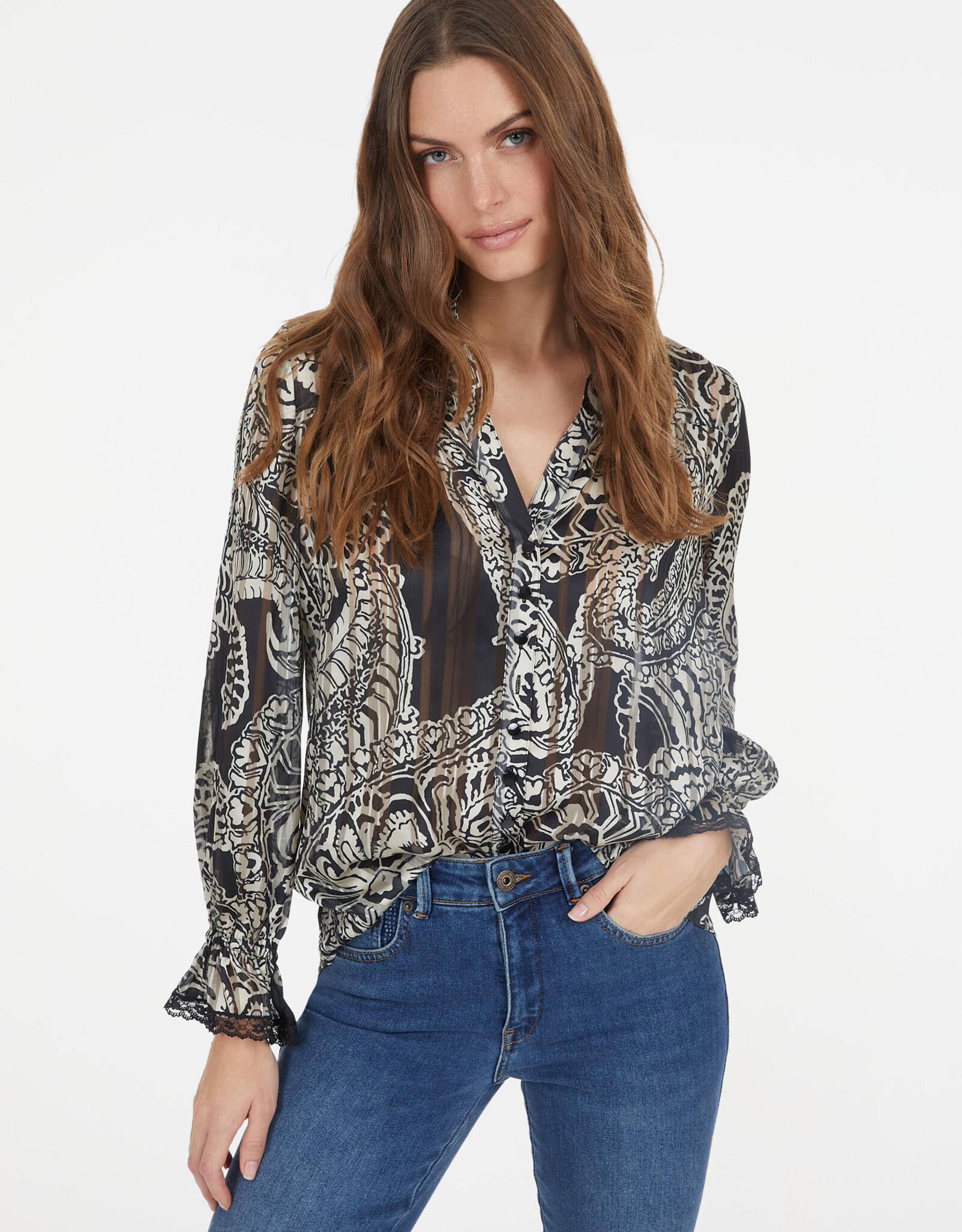 Marc Aurel Blouse Print Zand Zwart Trompet Mouw Met Kant