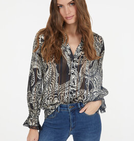 Marc Aurel Blouse Print Zand Zwart Trompet Mouw Met Kant