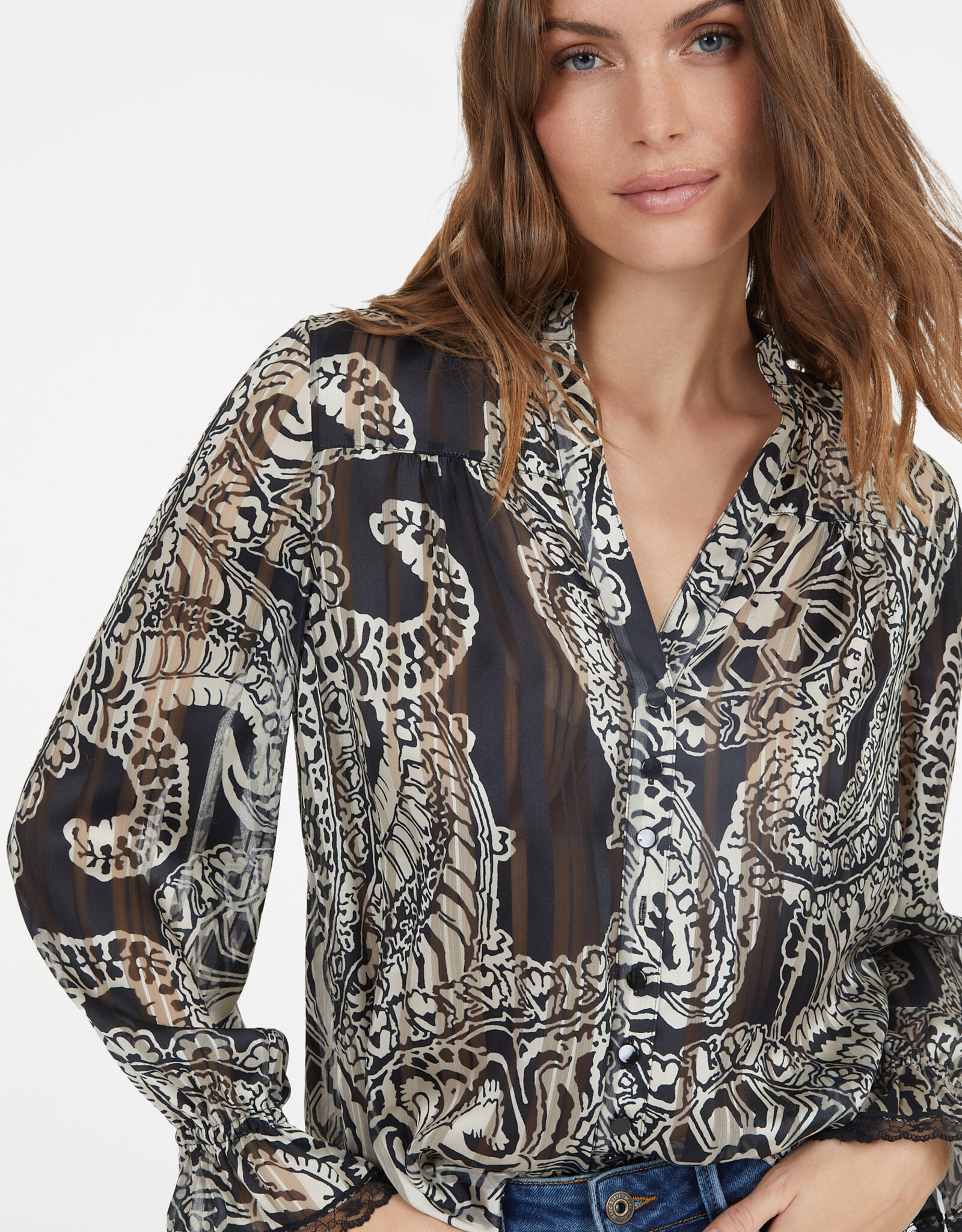 Marc Aurel Blouse Print Zand Zwart Trompet Mouw Met Kant