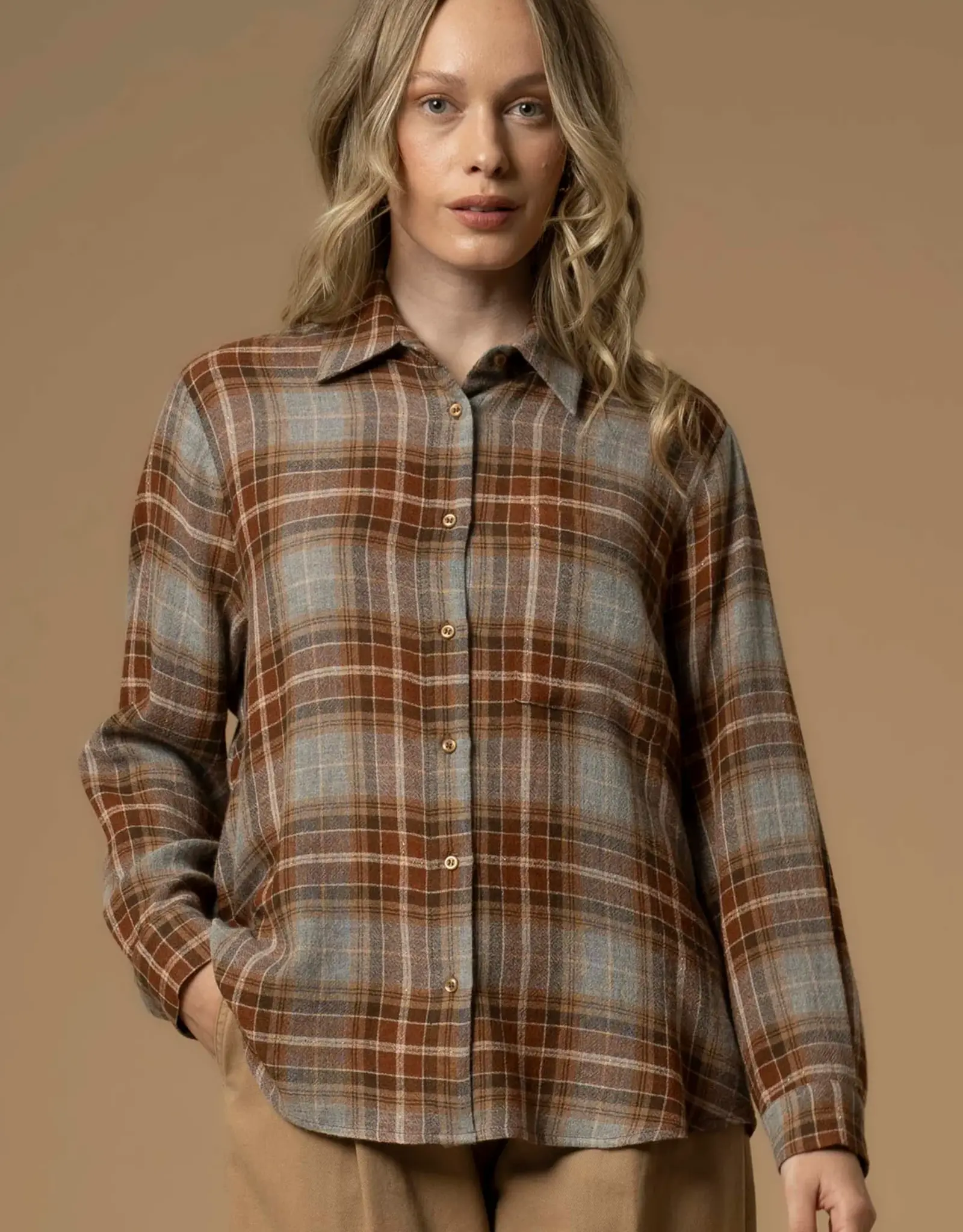 Kocca Blouse Elya Ruit Grijs/cognac