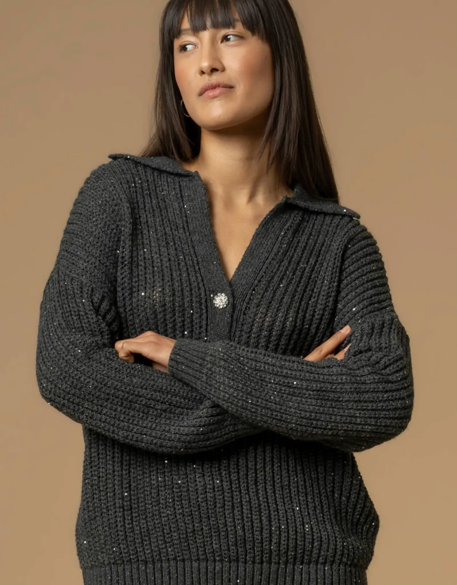 Kocca Pullover  Almerigo Polo Kraag Pailletjes Grijs Mellange