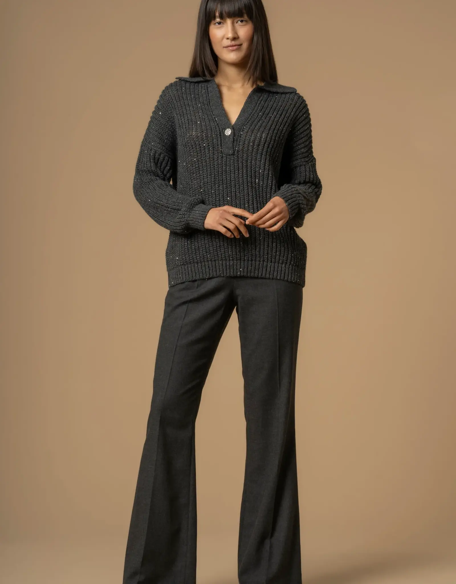 Kocca Pullover  Almerigo Polo Kraag Pailletjes Grijs Mellange