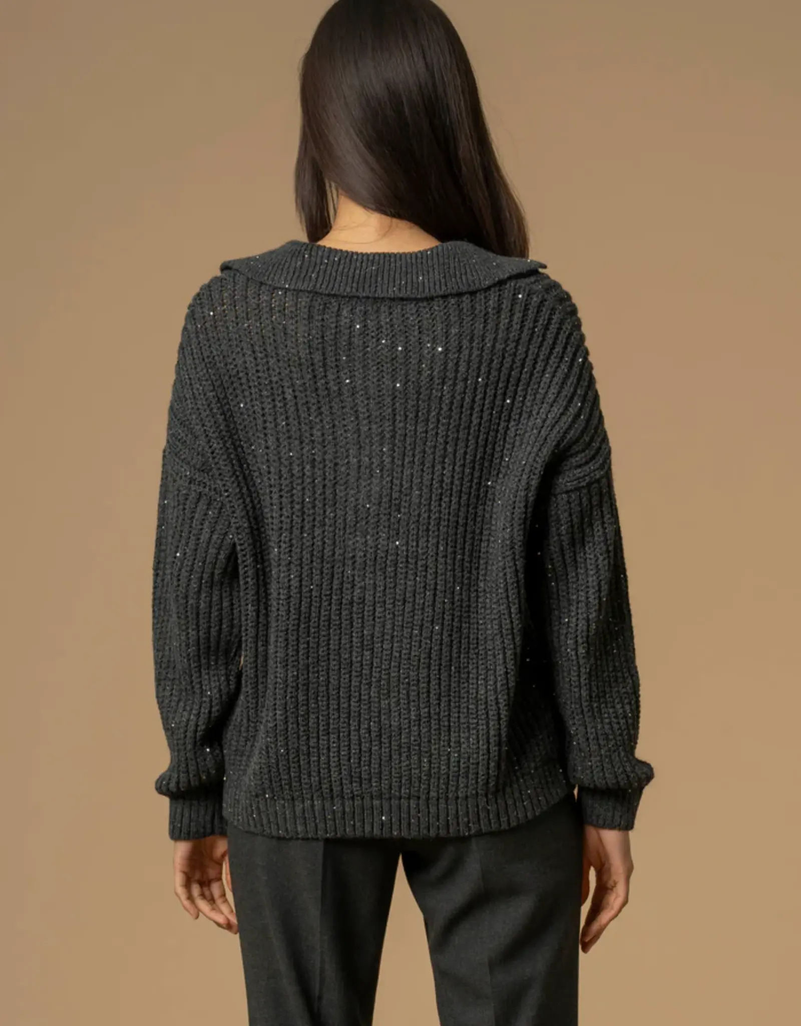 Kocca Pullover  Almerigo Polo Kraag Pailletjes Grijs Mellange